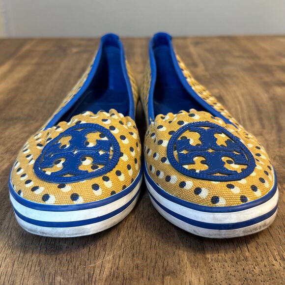 Tory Burch Ballet Flat Signature Logo Canvas Polka Dot Shoe Yellow Blue Size 8 - Picture 3 of 10
